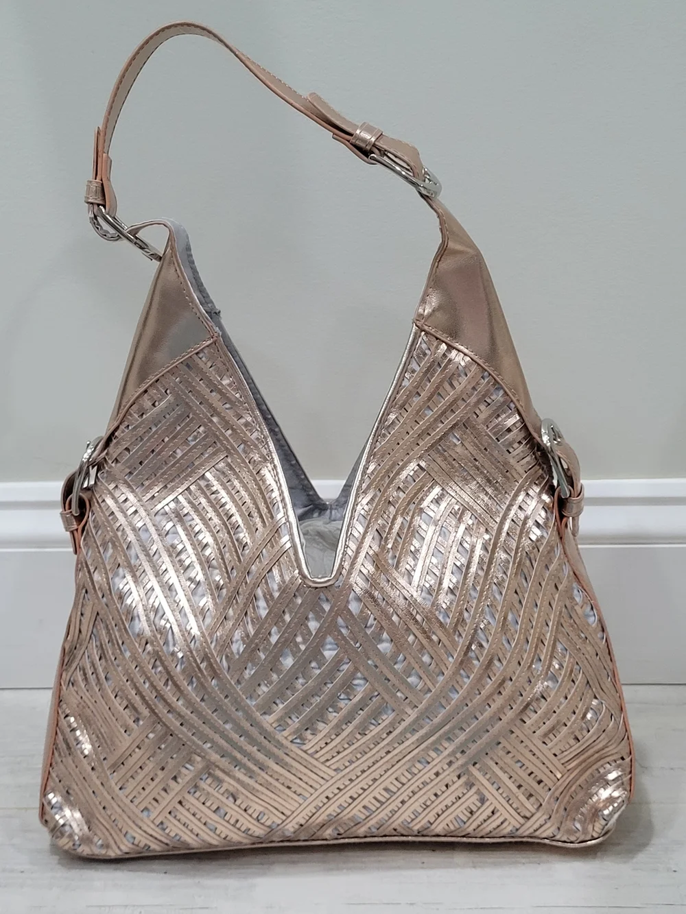 Metallic Rose Gold Woven Shoulder Hobo Bag Silvee Hardware